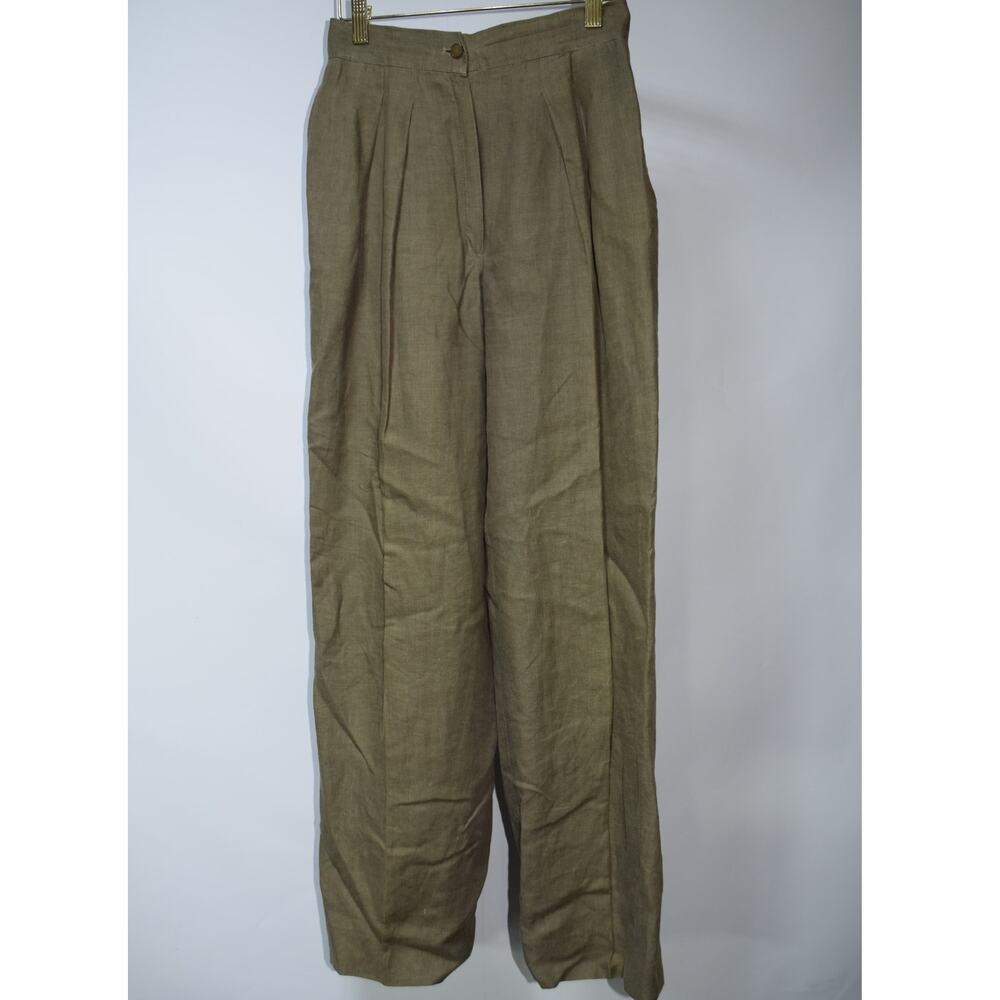 Vintage Ungaro Parallele Paris Olive Linen Blend Pleated Wide Leg Pants Size 8